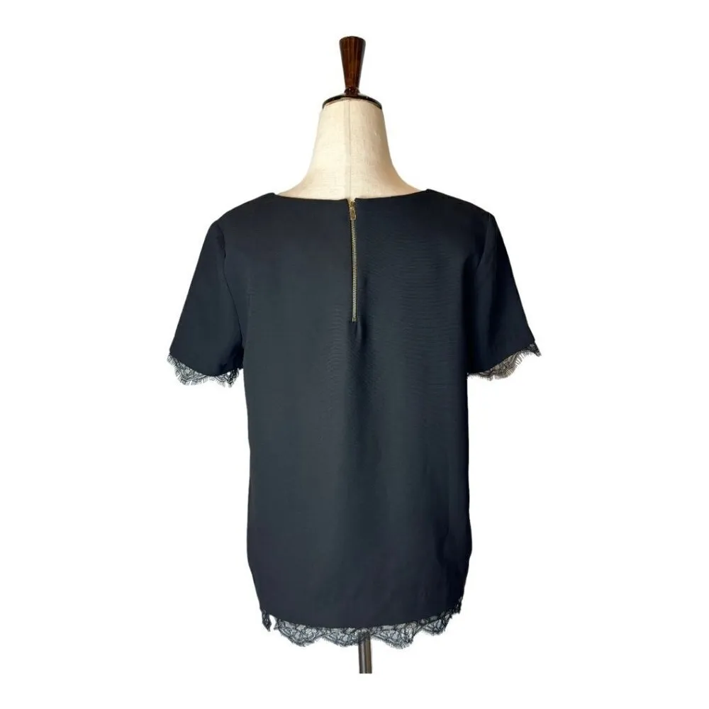 Sandro Black Crew Neck Short Sleeve Lace Trim Exposed Zipper Blouse Size 0‎ - Image 3