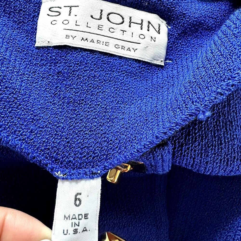Vintage St John Santana Dress Gold Button Front Belted Formal Royal Blue 6 - Image 2