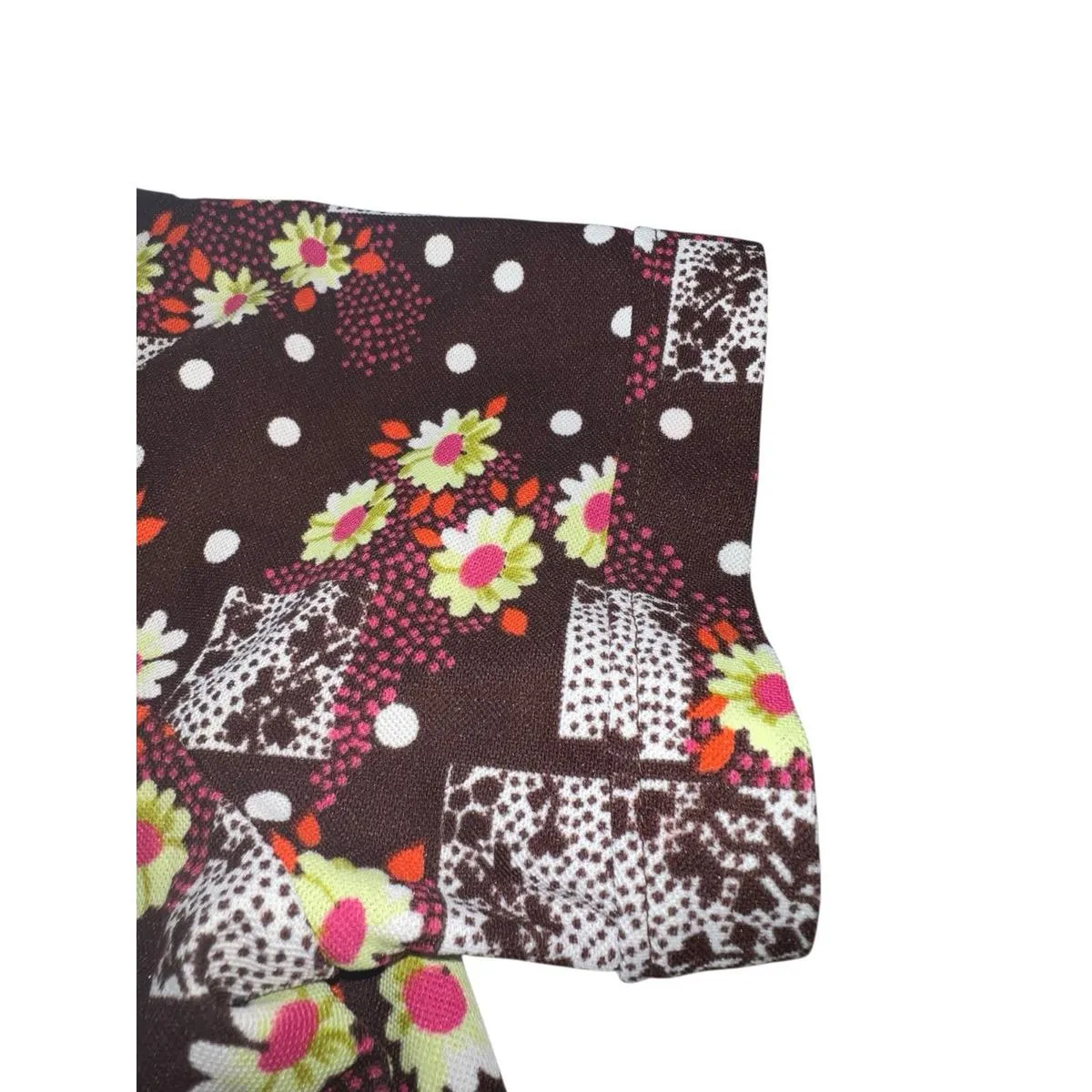 Vintage 70s Floral Short Sleeve Double Knit Polyester Grannycore Shirt 22” Chest Brown Size L - Image 6