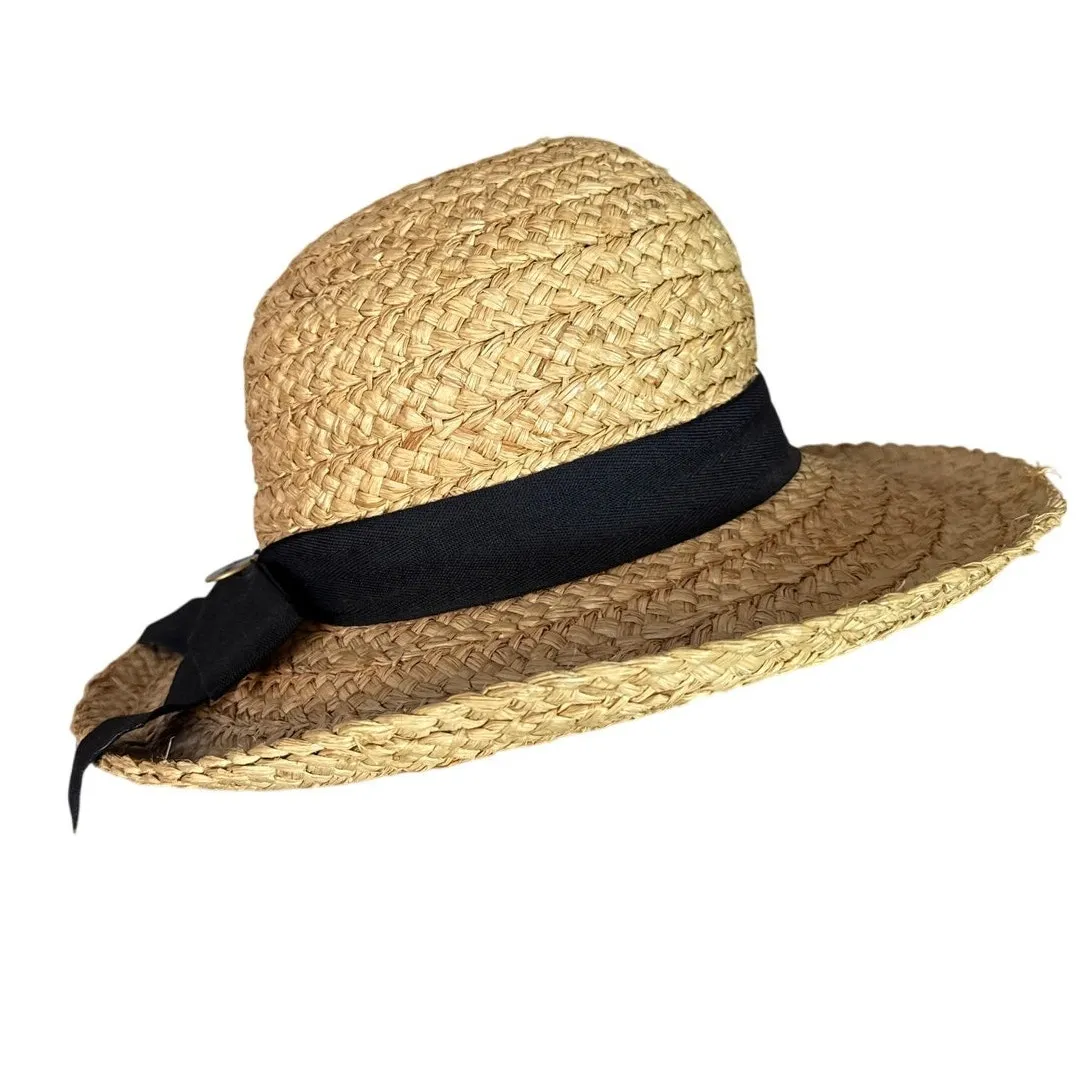 Peter Grimm Raffia Sun Hat with Black Ribbon Bow Size Medium Brown - Image 2