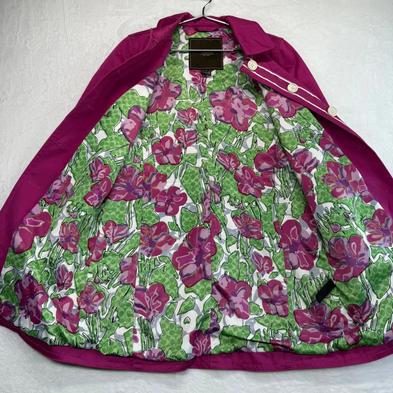 Coach Rain Coat Magenta‎ Floral Lined Button Front Jacket Coat XS READ - Image 2