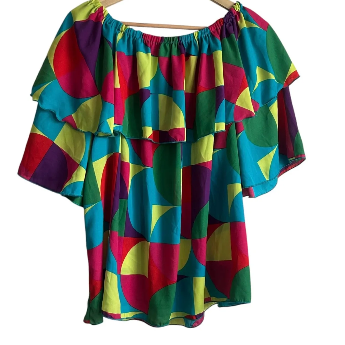 Ashley Stewart Women Top 3X Vibrant Rainbow Abstract Geometric Ruffle Collar - Image 3