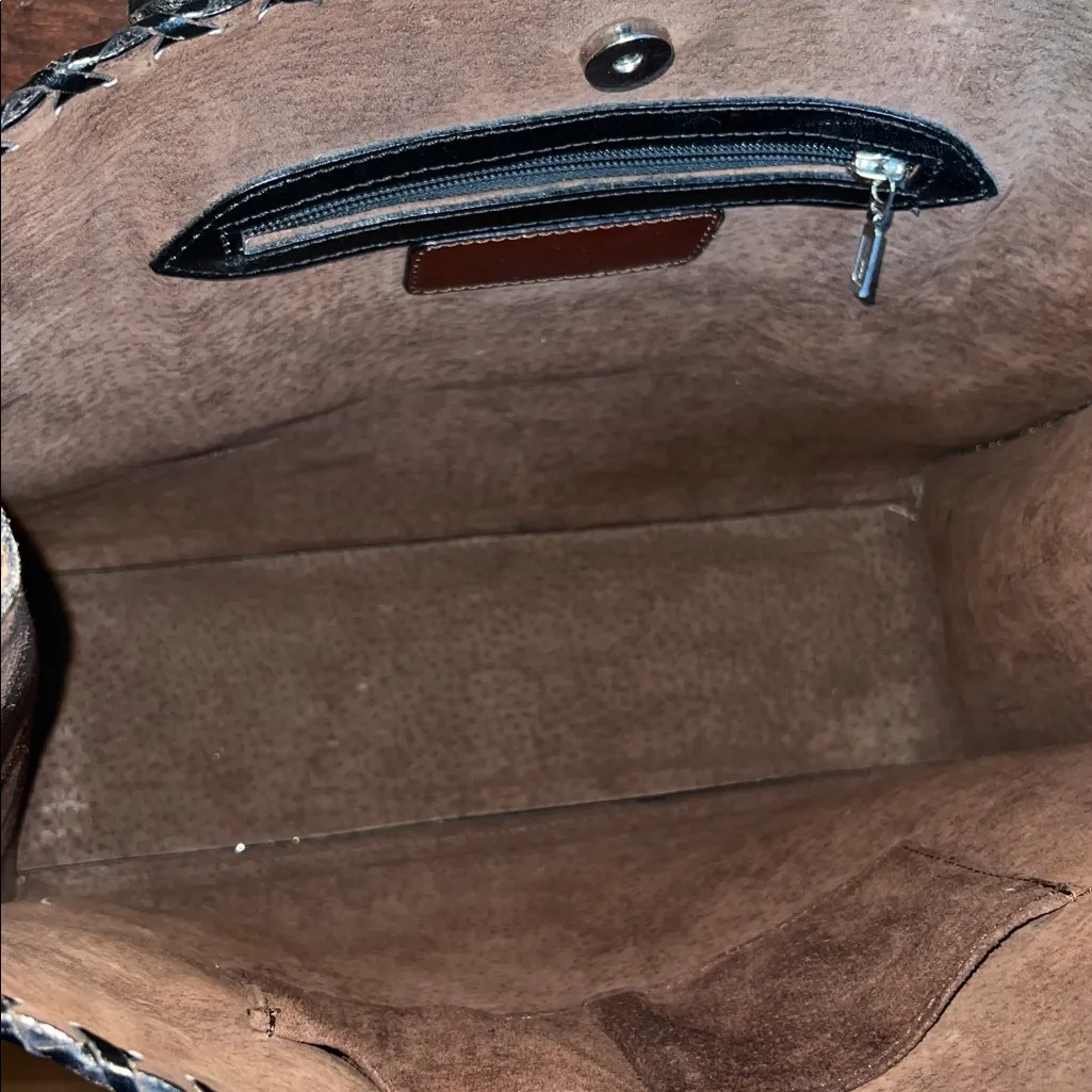 Que Chula Marcos Black Leather Handmade Woven XL Tote Purse Braid Tooled Mexico - Image 10