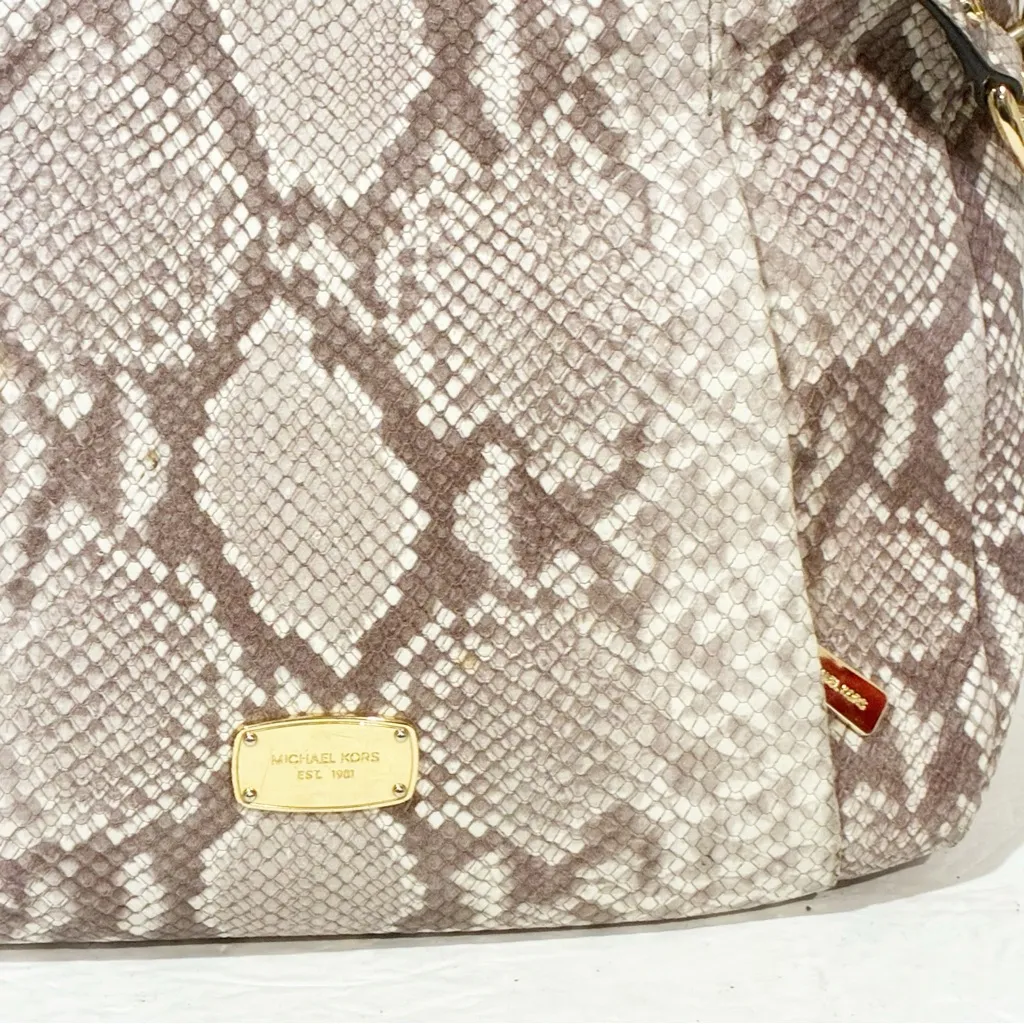 Michael Kors Hallie Convertible Shoulder Bag Embossed Leather Dark Sand Python Tan - Image 2