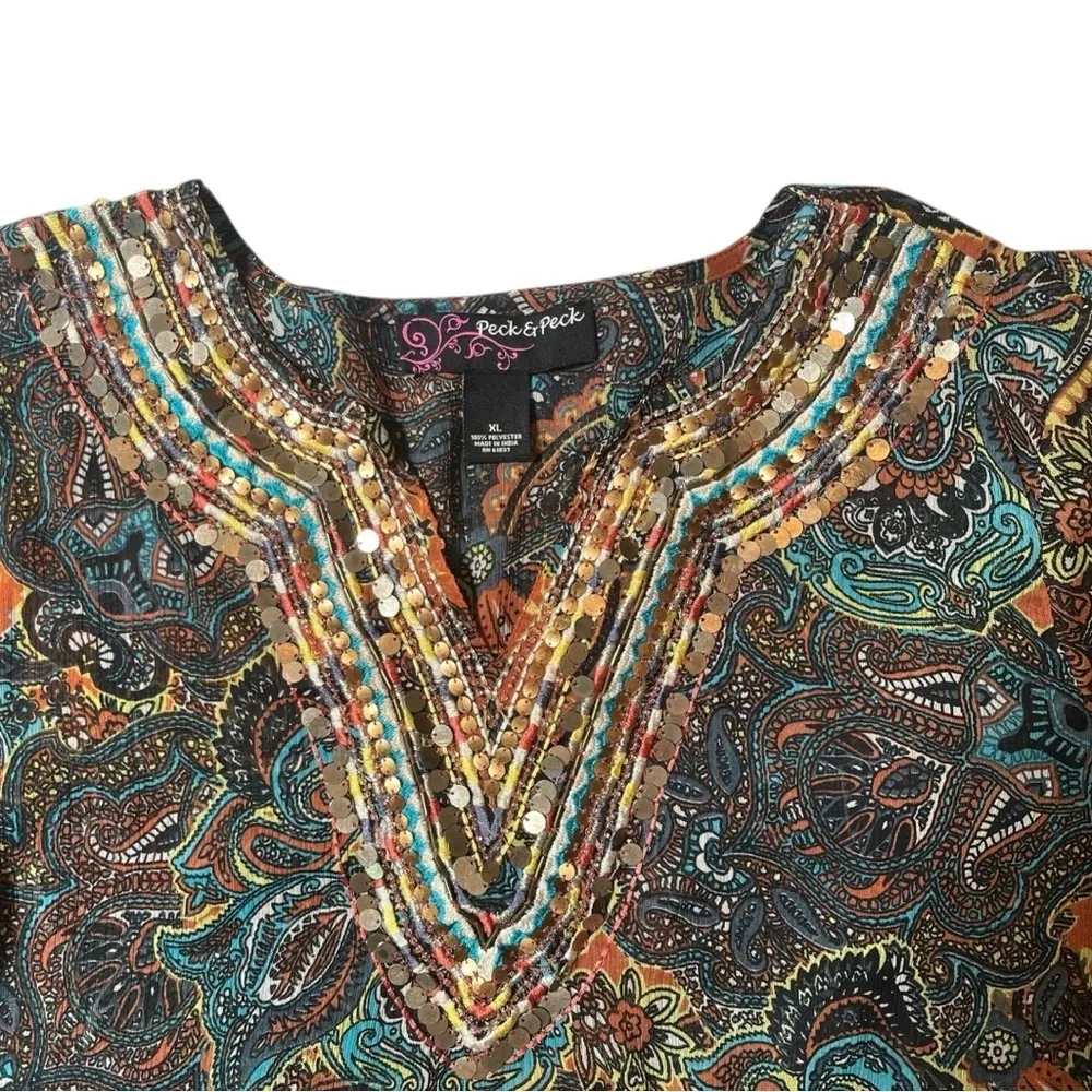 Peck & Peck Embellished Sheer‎ Brown Paisley Blouse XL Boho Chic Festival Top - Image 5