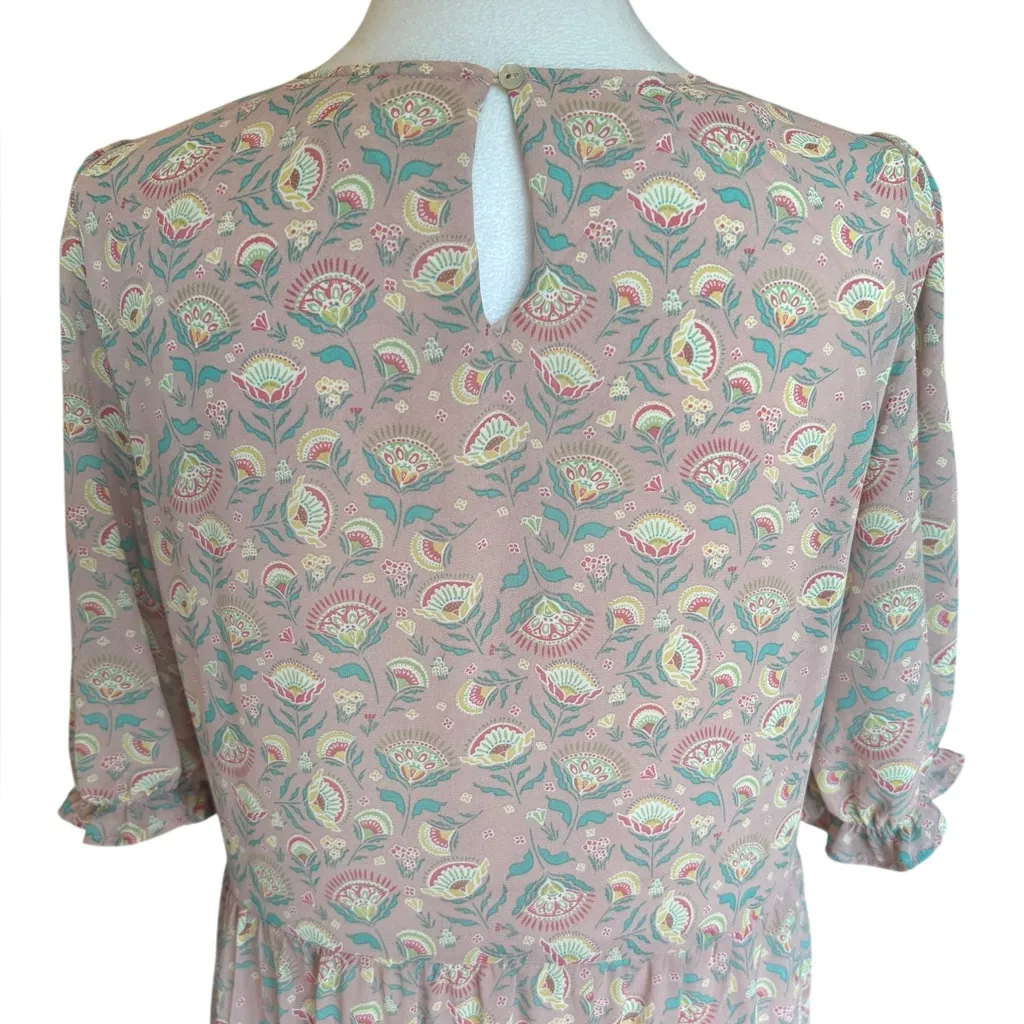 MELLODAY Floral Pink Tiered Dress Midi Maxi Dress Puff Sleeve Womens Medium - Image 7