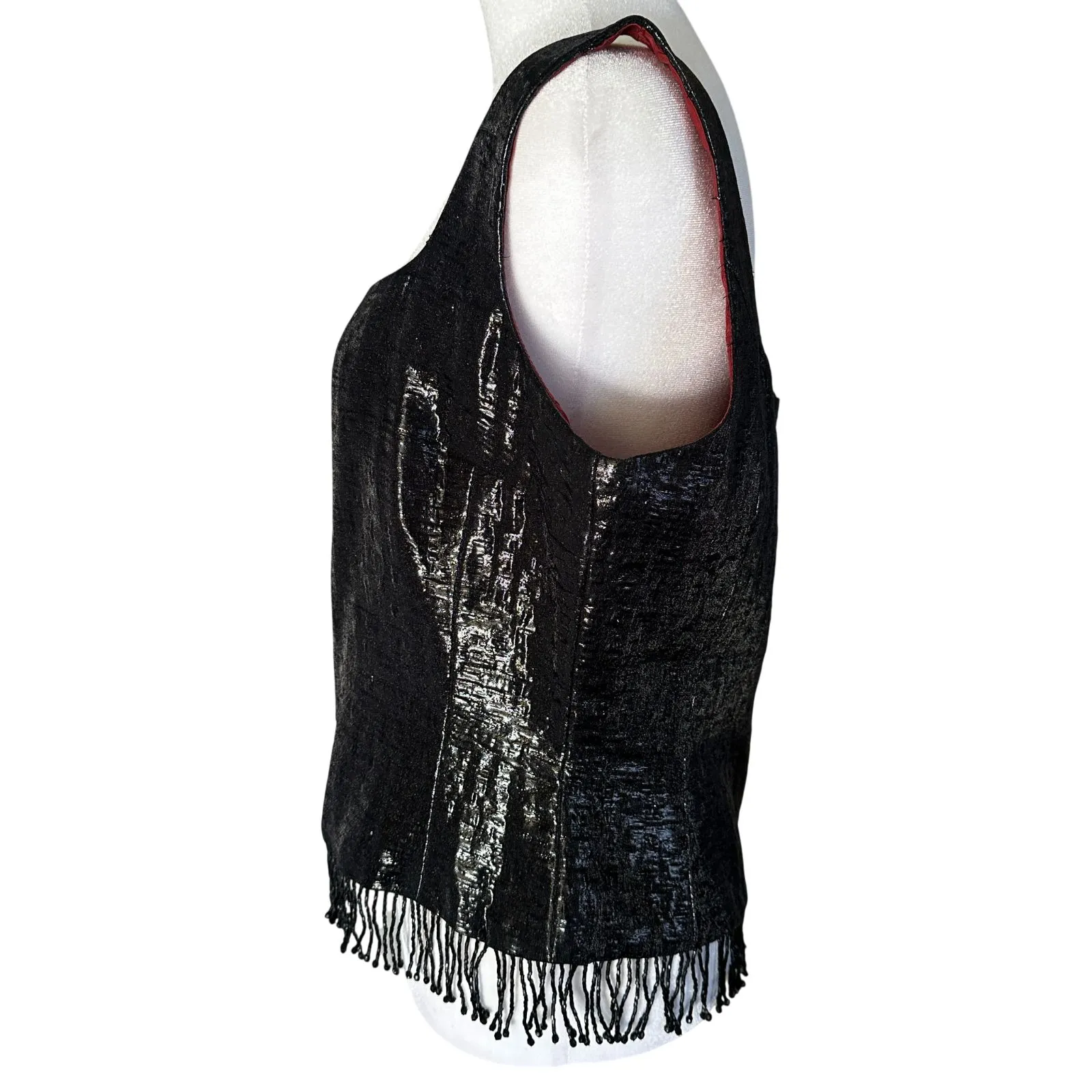 Vintage Metallic Sleeveless Going Out Top Black Sz L Beaded Fringe Holiday Party Size L - Image 4