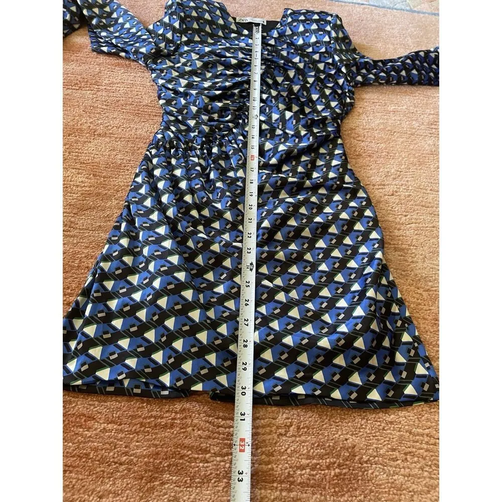 Zara Blue Geometric Print Mini Dress Ruched Long Sleeve Size S - Image 4