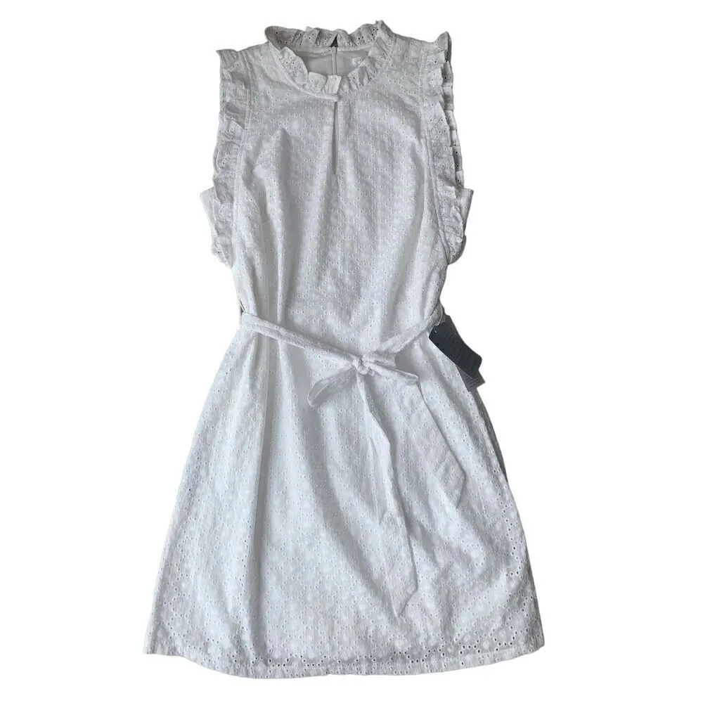 London Times White Eyelet Ruffled Neck and Armhole Mini Dress with Waist Tie - Image 7