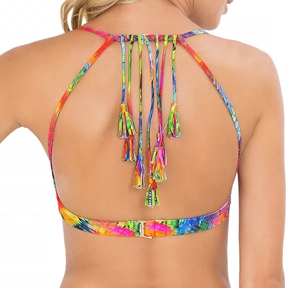Luli Fama Miami MUNDO DE COLORES Tassel Back Bikini Top Swim Vacation Resort L - Image 2