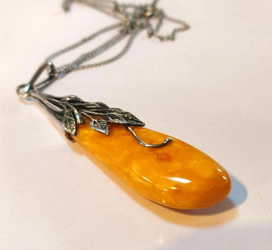 925 Polished Yellow Pendant Necklace Sterling Silver Leaf Design Chain 20 inch - Image 4