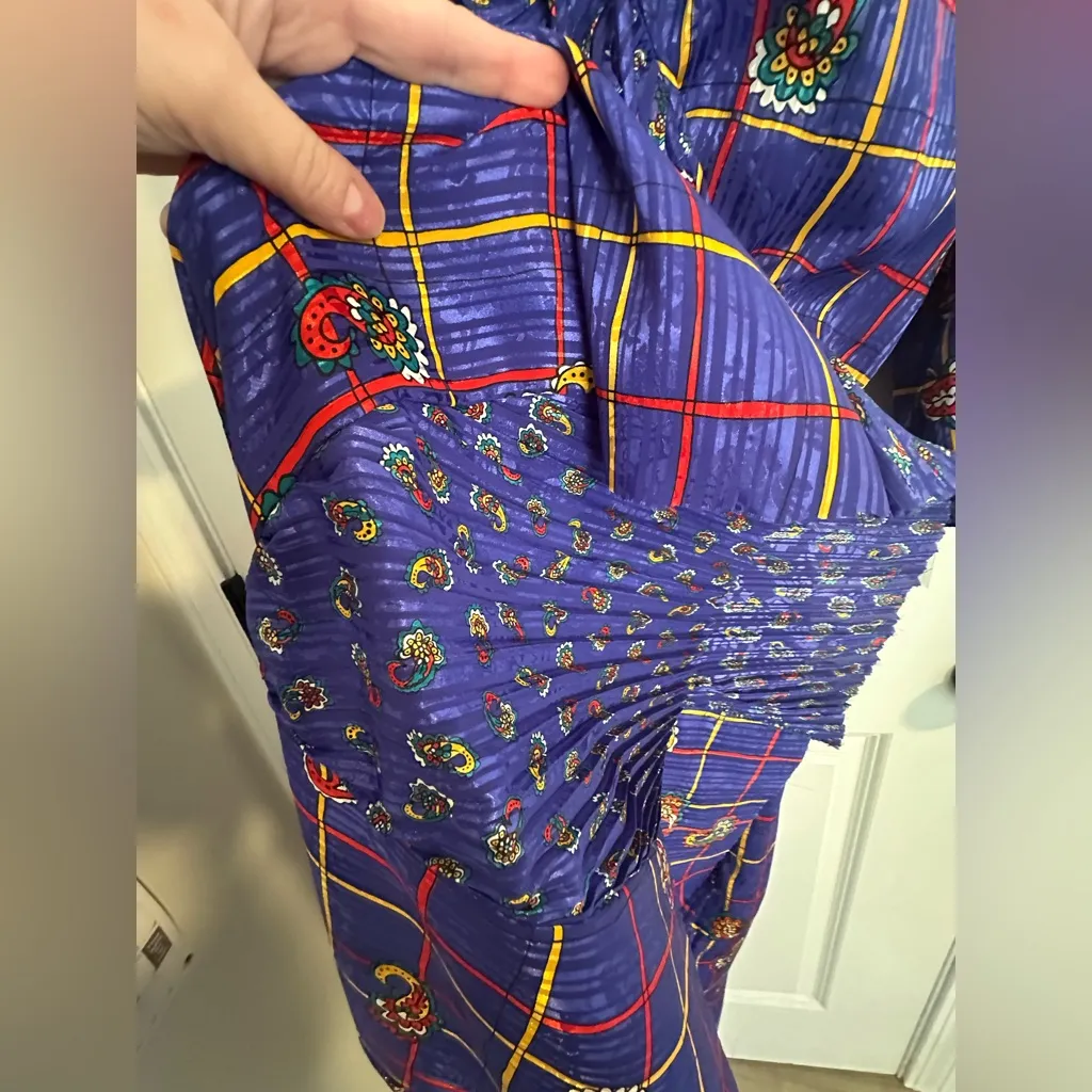 Vtg 80s Jaymee Papell midi dress smocked paisley 3/4 bishop sleeve ruffle granny Purple Size M - Image 7