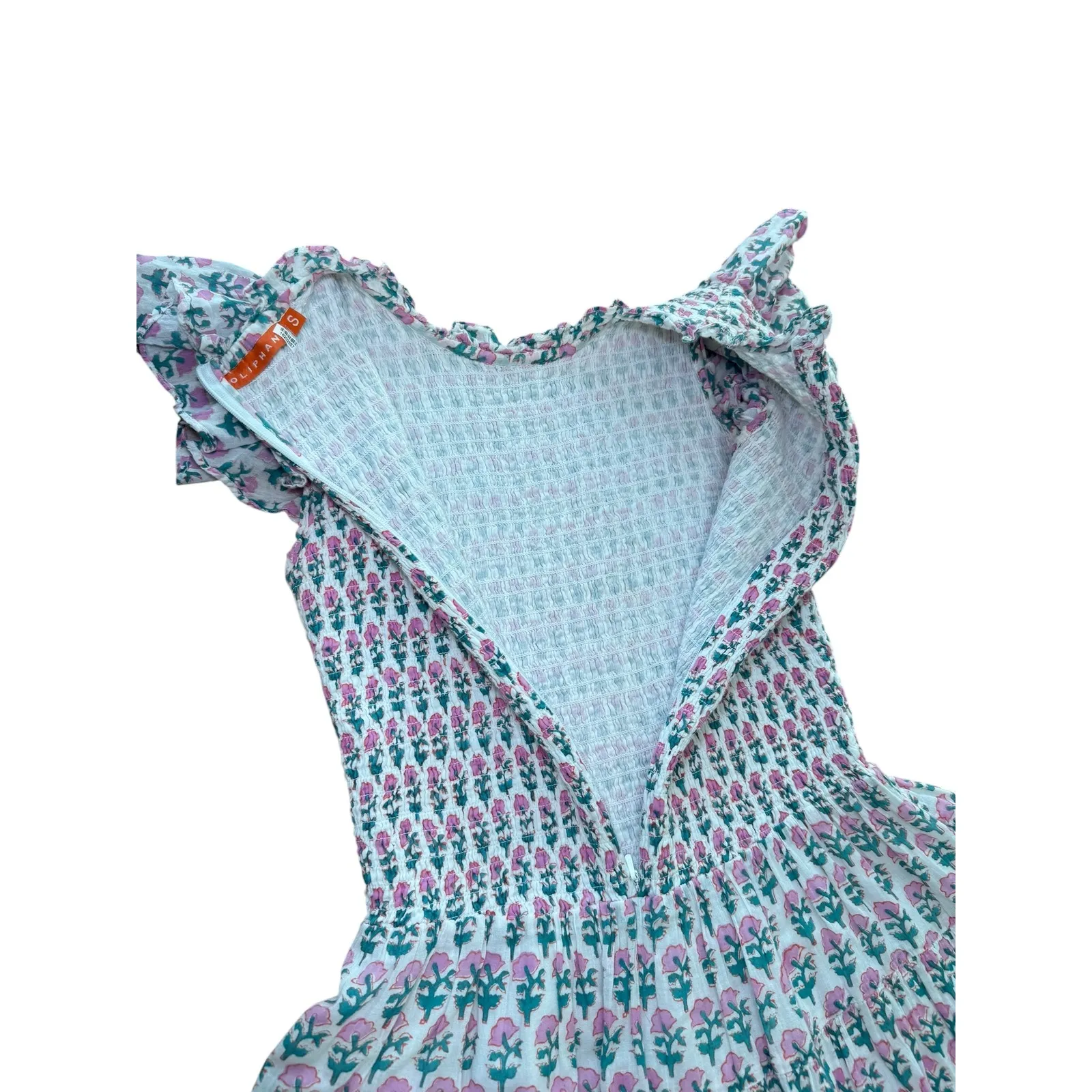 Oliphan‎ Floral Smocked Ruffle Mini Dress Pink Green White Sleeveless Summer S - Image 6