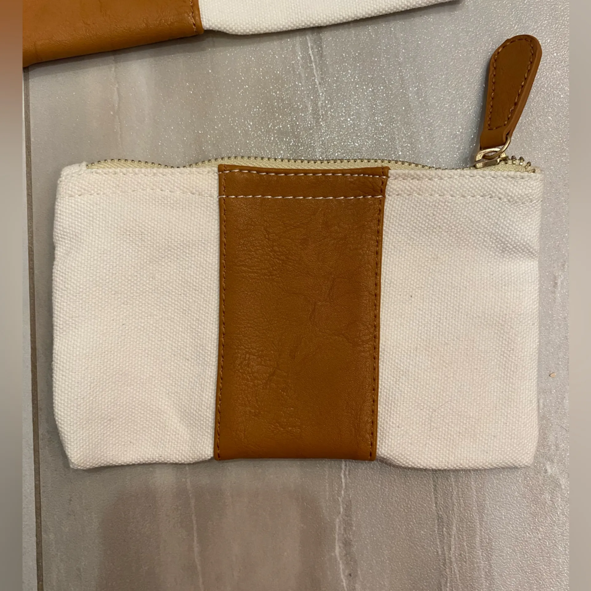 Gold L Initial Light Cream Canvas and Vegan Leather Pouch Set with Zip Closure White - Image 10