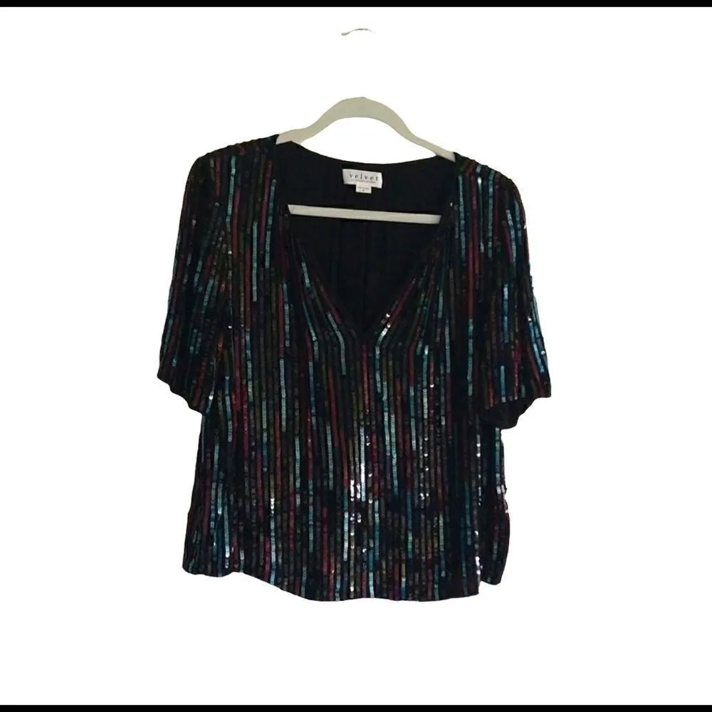 Velvet by Graham and Spencer Nikky Multicolor Sequin Short Sleeve Top small Black - Image 4