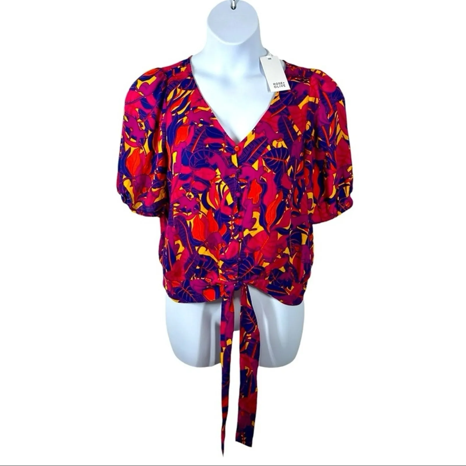 Rose & Olive Jungle Monkey Tropical Tie Button Down Top Medium NWT - Image 2