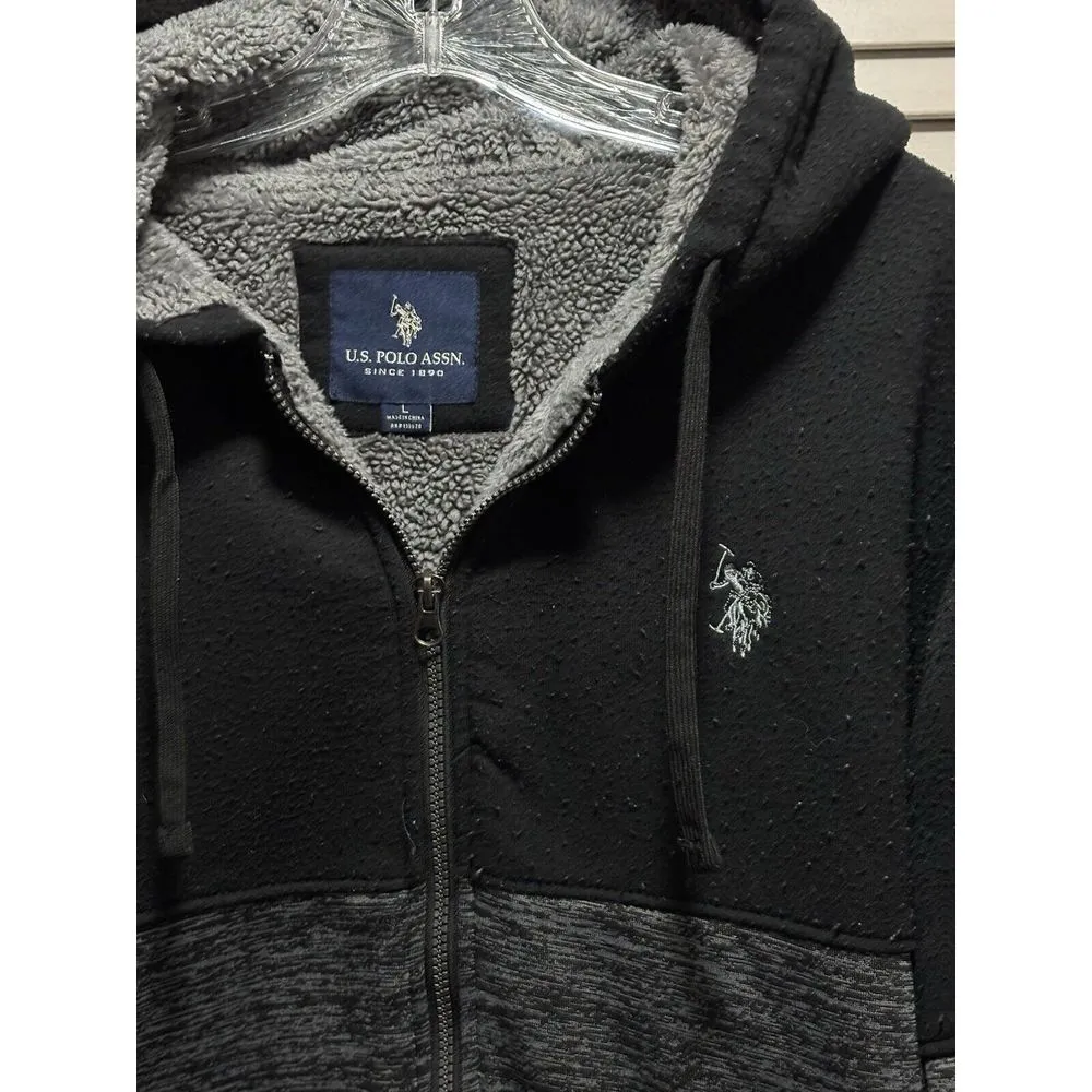 US Polo Assn. Black/Gray Zip Up Fleece Hood Jacket Size L Zip Pocket Logo Sherpa - Image 2