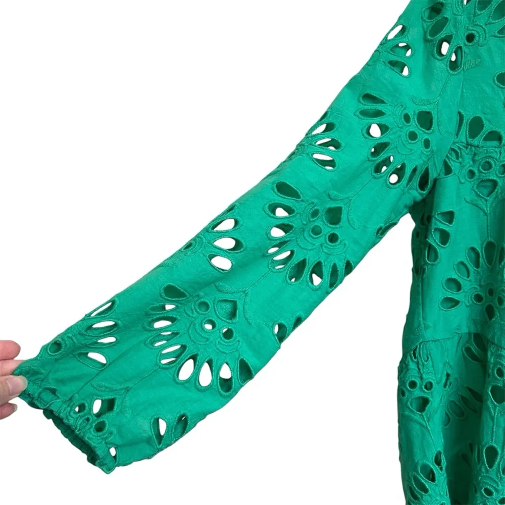 Jude Connally Womens Size S Green Eyelet Crochet Lace 3/4 Sleeve Top Tassel Tie - Image 4