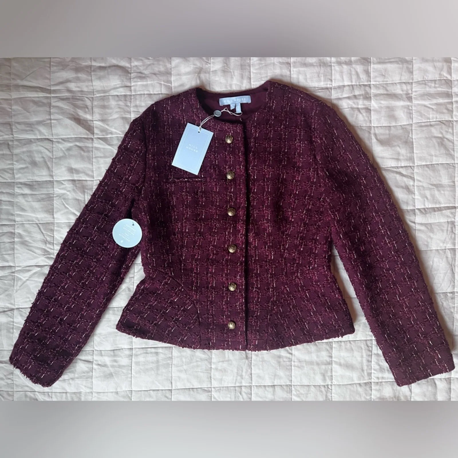 NWT Hill House Burgundy Valentina Tweed Jacket with Gold Buttons Old Money - Med - Image 3