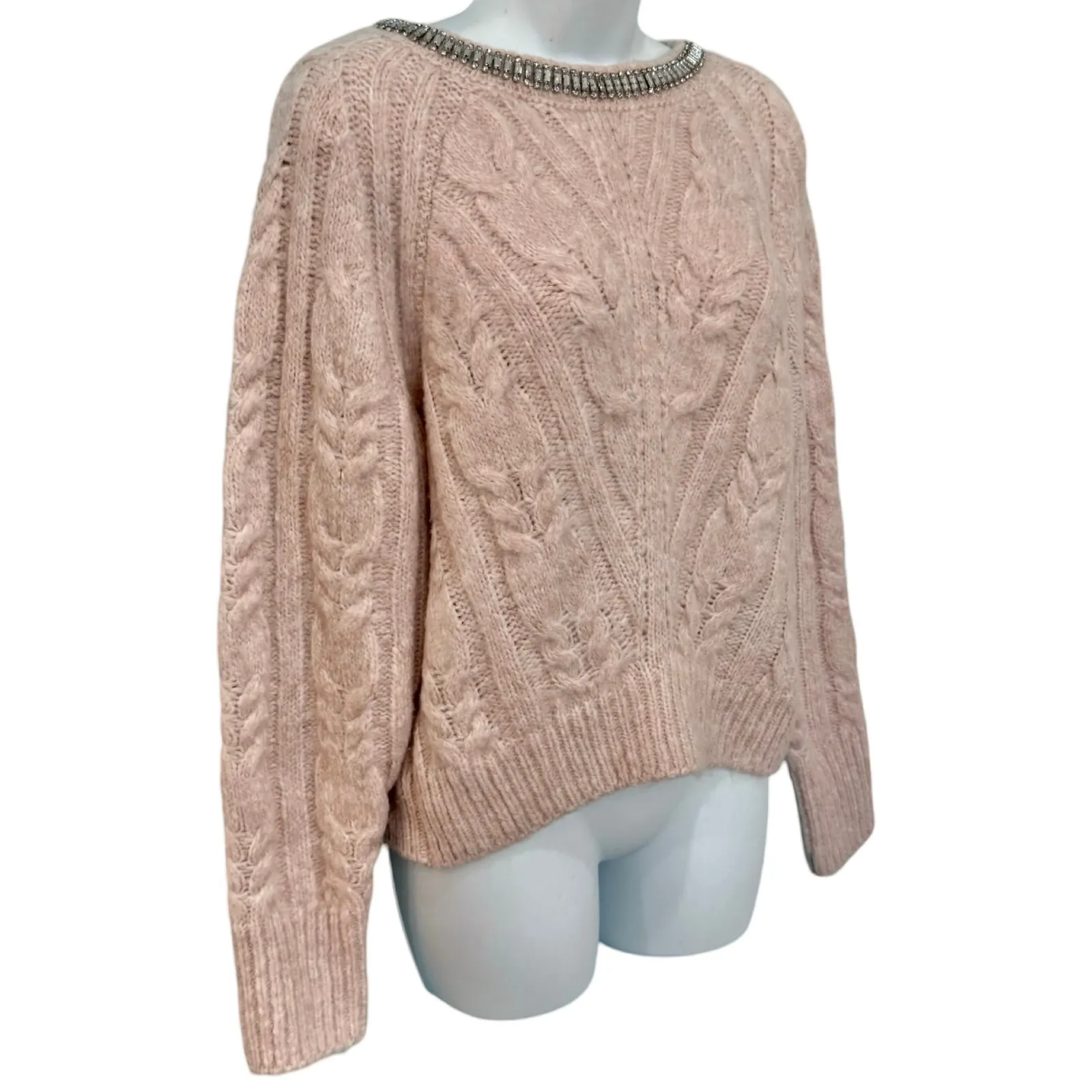 Express Baby Pink Chunky Knit Jeweled Collar Crew Neck Sweater size XS Glam - Image 3
