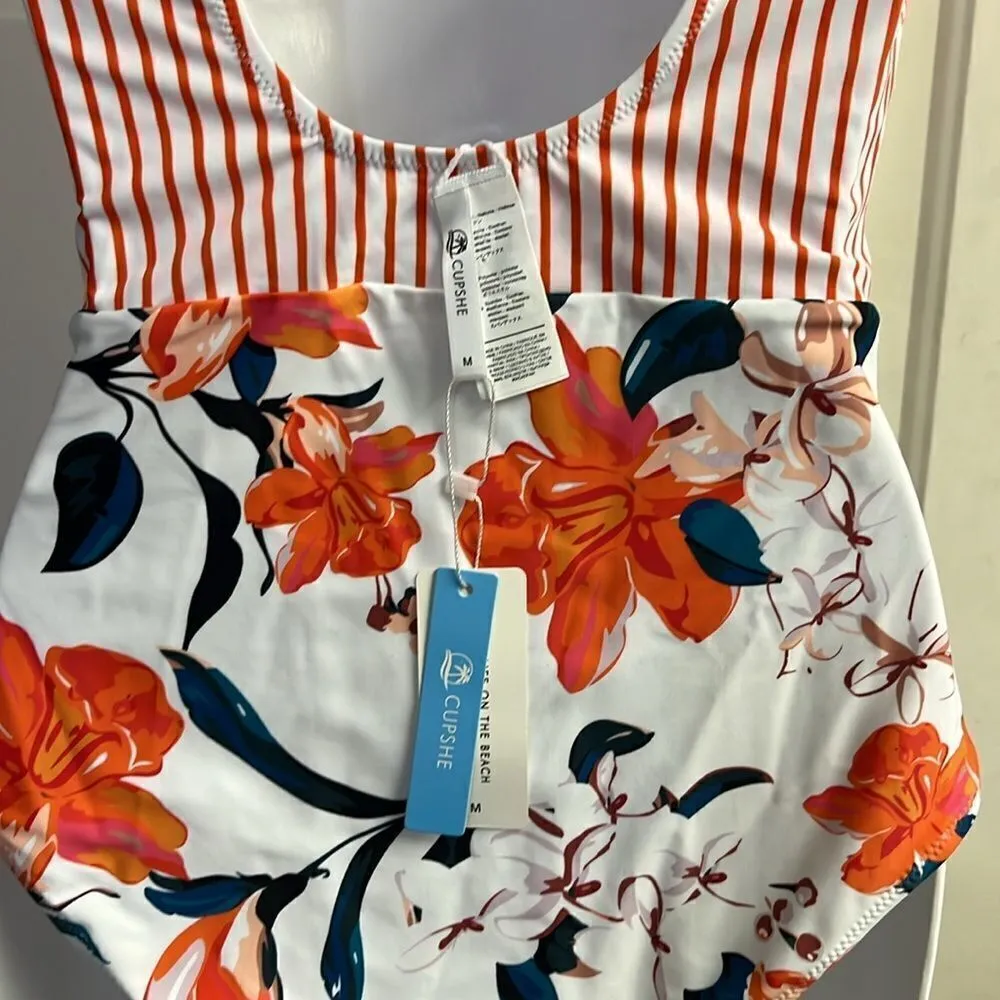 Cupshe One Piece Women’s Floral and Striped Pull-On High Neck Swim Suit-Medium - Image 9