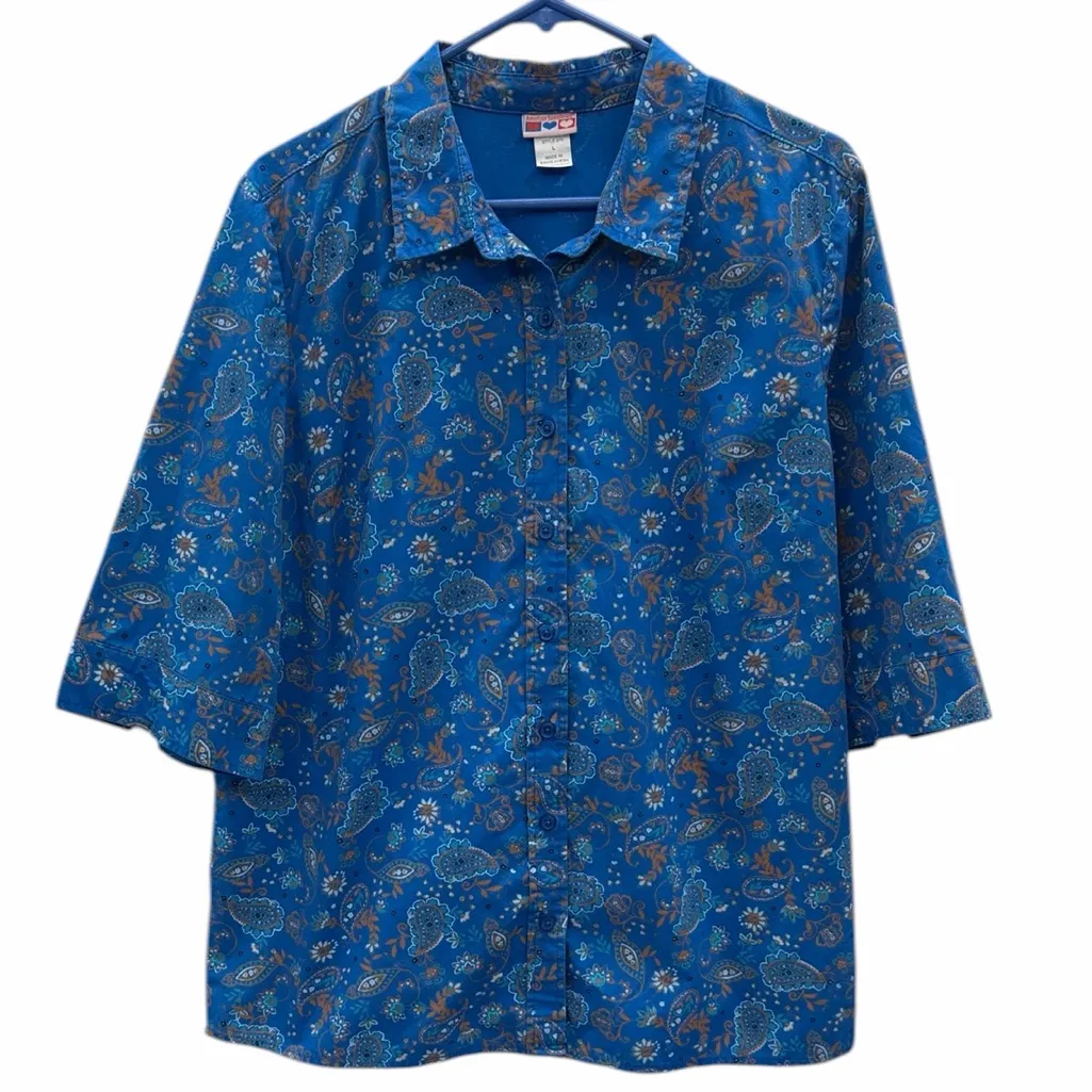 Vintage American Sweetheart Blue Paisley Button Up 3 Quarter Sleeve Shirt Large - Image 9