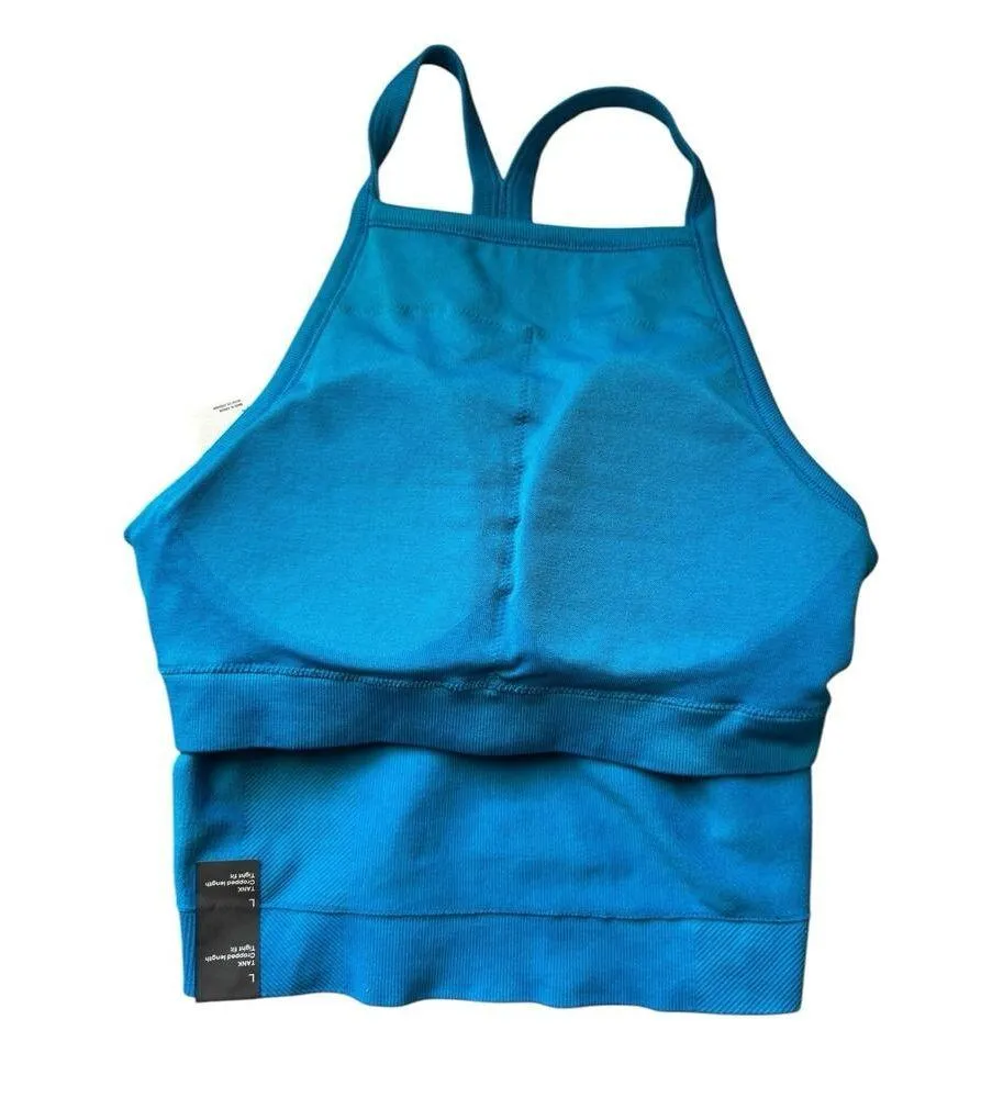 NWT All In Motion Blue Ribbed Seamless Tank Shelf Bra Size Large High Neck - Image 3