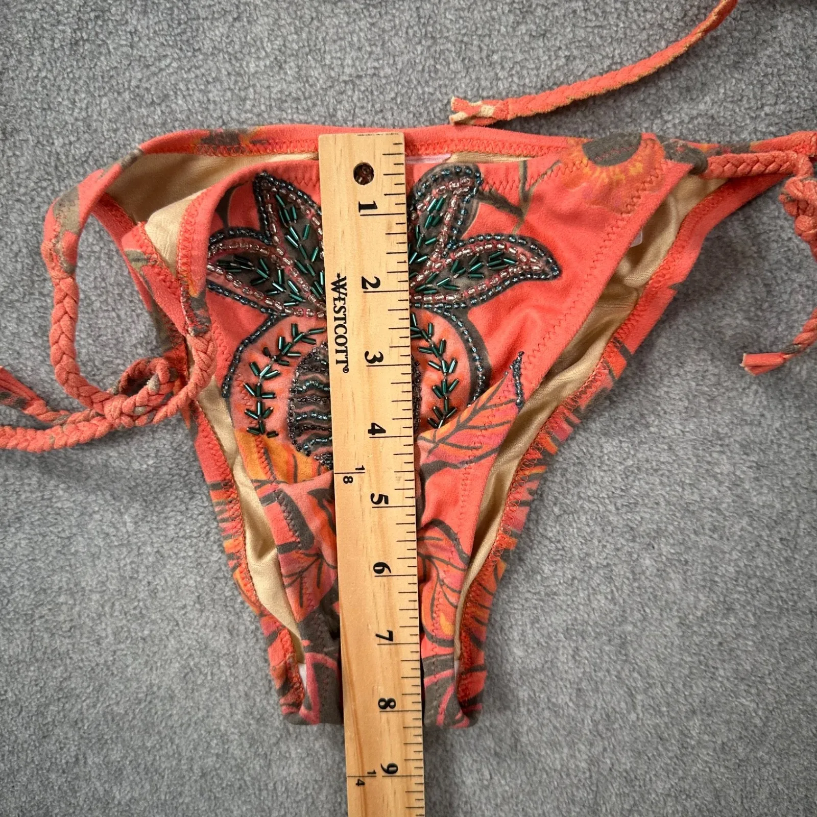 Pin Up Stars Beaded Pineapple String Bikini Womens Large Braided Coral Faux Sued Orange - Image 6