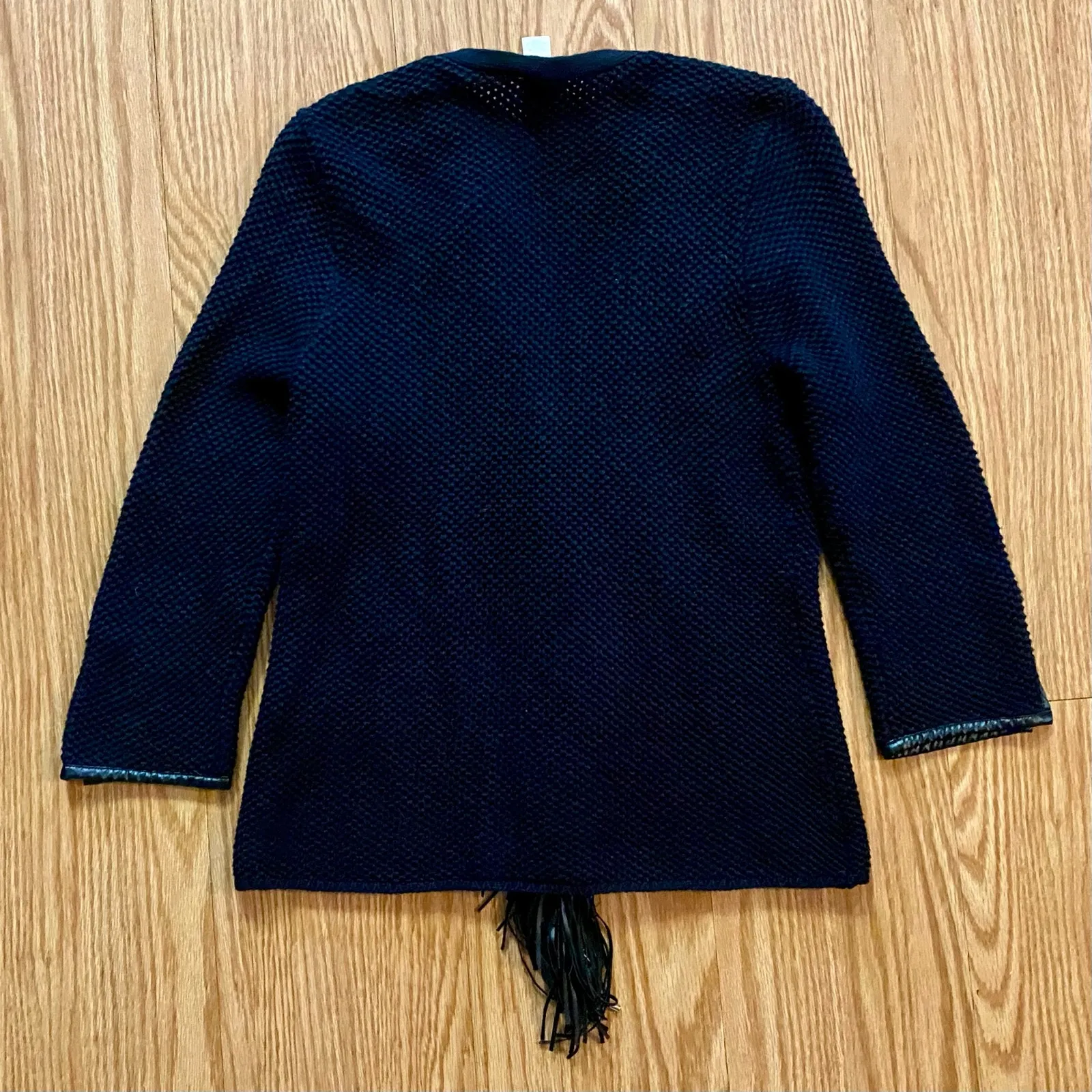 Chicos Black Knit Fringe Leather Cardigan Jacket Womens Small - Image 7