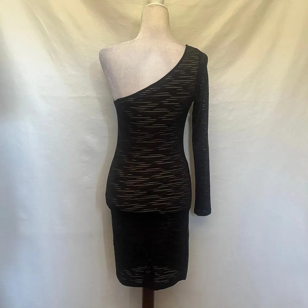 PAPAYA Bodycon One Arm Dress Medium Black Y2k Sheer Burnout USA Whimsigoth Midi - Image 5