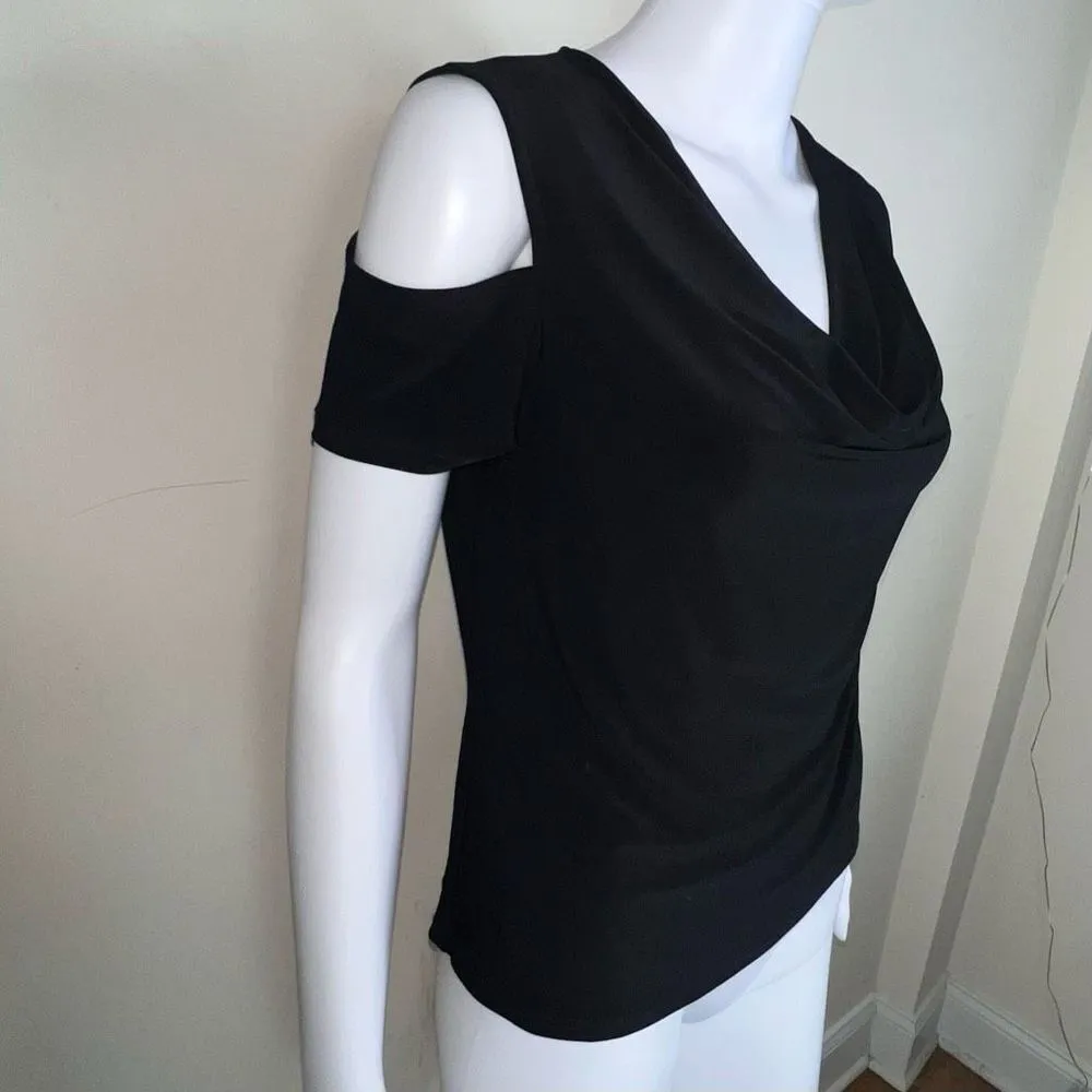 Kenneth Cole Black Cold Shoulder Drape Neck Blouse - Image 4