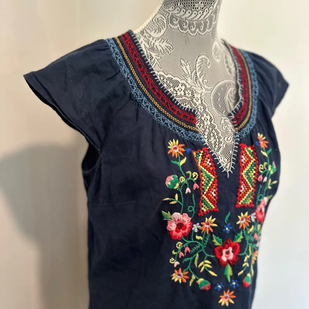 Lucky Brand Womens Sz: M Linen Bland Navy Blue Embroidered Neckline V-Neck Dress - Image 7