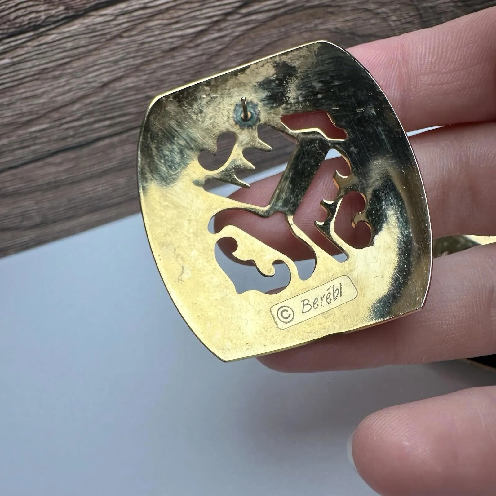 Large Edgar Berebi Green Enamel Gold Tone Pierced Statement Earrings Please Read - Image 11