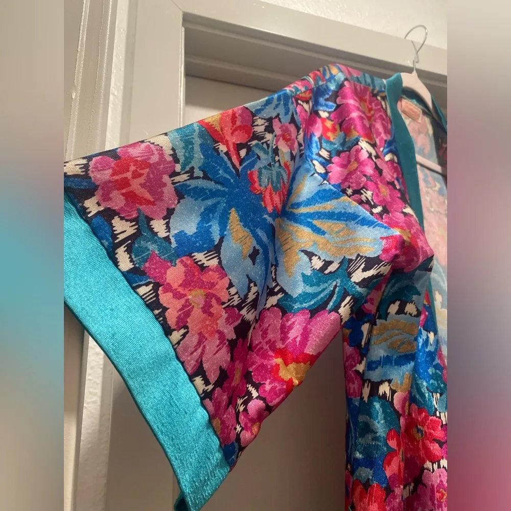 VTG 70s 80s Heather Collection Hot Pink & Teal Blue Florl Kimono Robe Bathrobe - Image 7