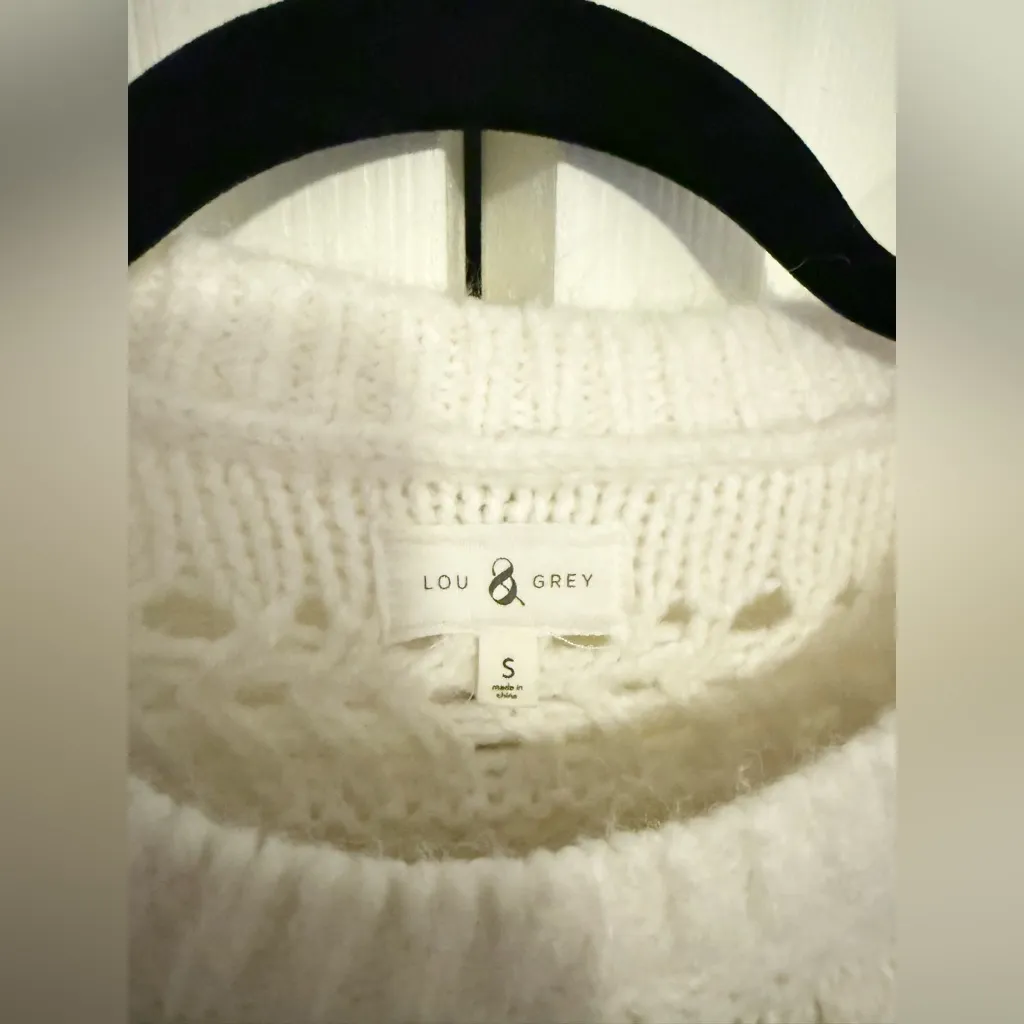 LOFT Lou & Grey Alpaca Blend White Cream Knit Sweater Size Small Bobble Pom Pom - Image 4