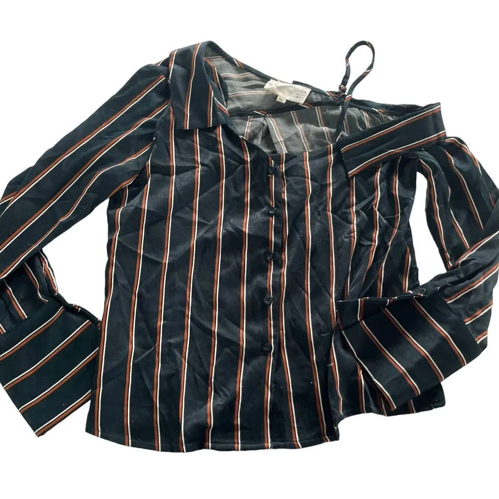 J.O.A Los Angelos Top Women Small Black Striped Cold Shoulder Asymmetric - Image 2