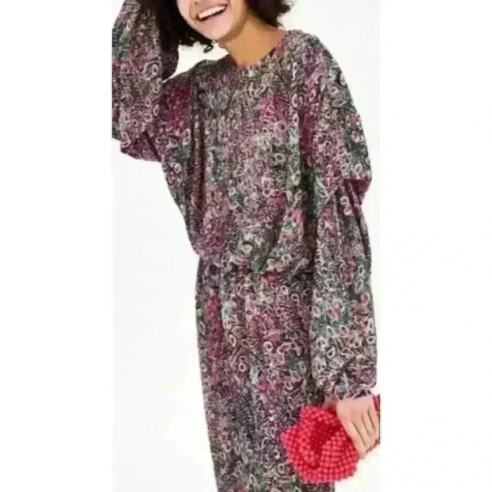 Zara Peacock Feather Puff Sleeve Dress Small Long Sleeve wedding guest dress - Image 2