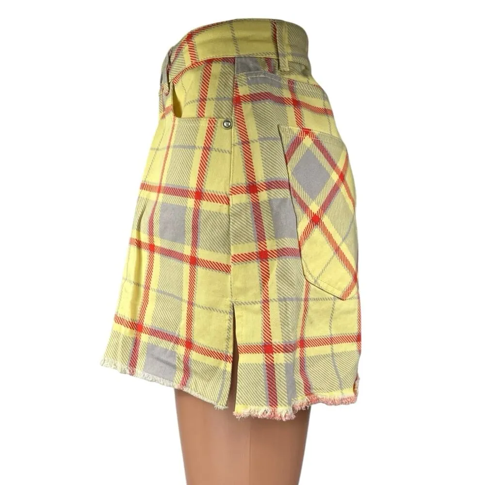 Weworewhat Women's Yellow Checkered Plaid High Rise Denim Jean Shorts Size 24 - Image 2