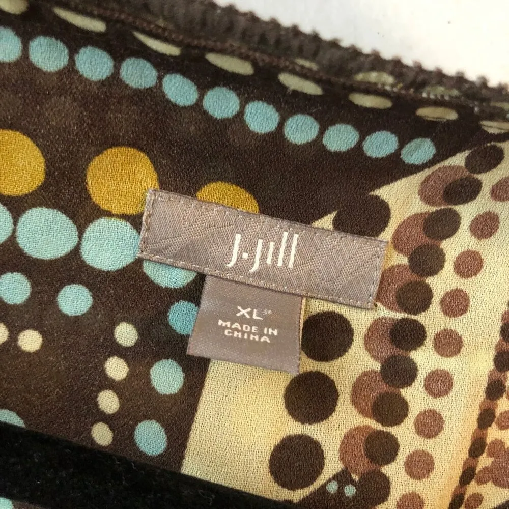 J. Jill Womens Geometric Print Silk Pleated Blouse Brown & Blue XL - Image 3