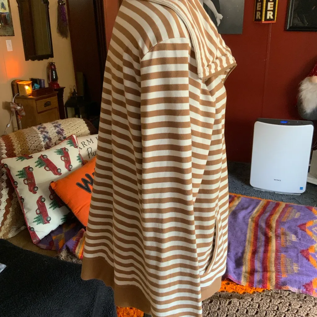 QVC Denim & Co. Brown Stripped Long Sleeve Zip Front Jacket SZ Large - Image 2