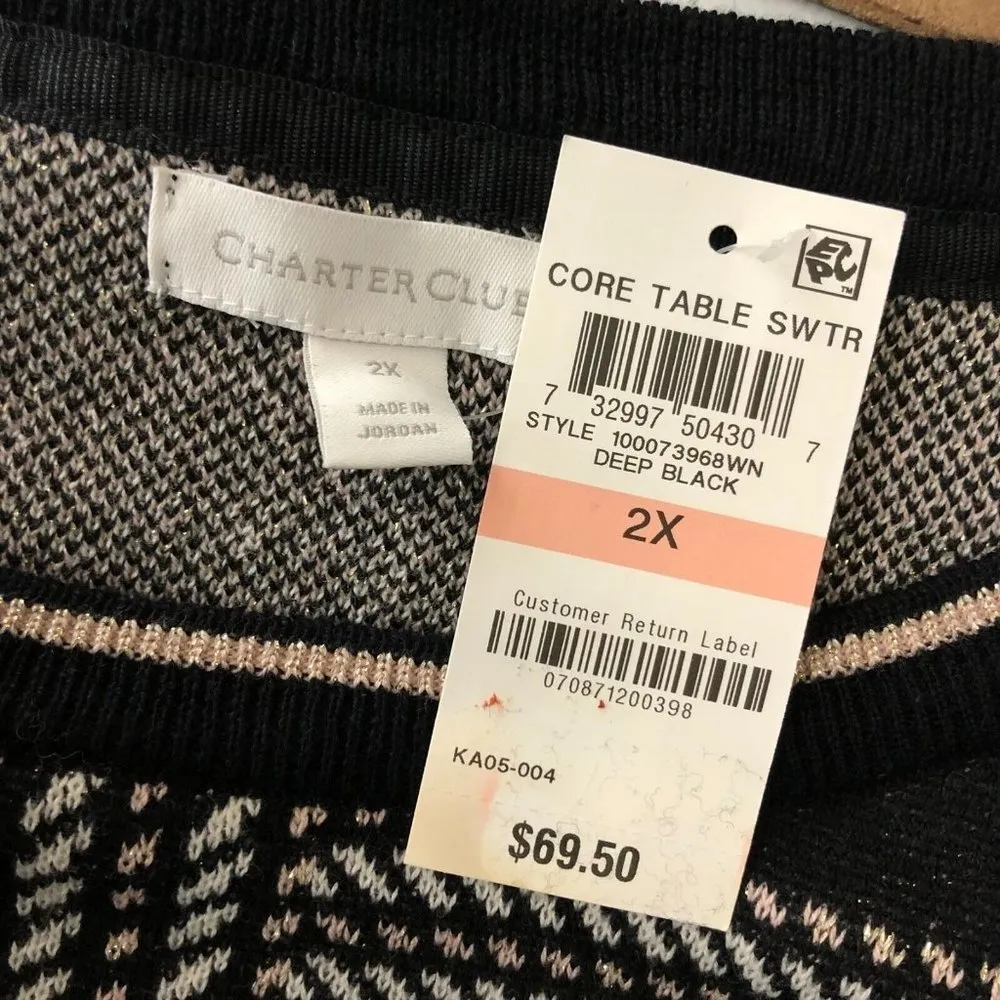 Charter Club Womens Sweater Pullover Cotton Blend Geometric Metallic Black 2X - Image 3