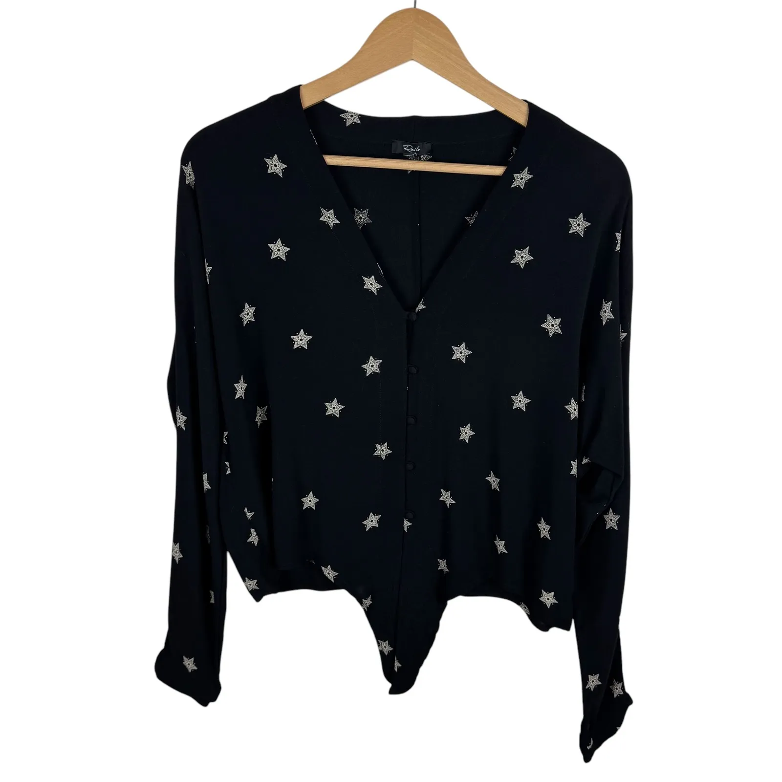 Rails  Sloane Star Print‎ Button Down Tie Front Top Women's Large Black Celestial - Image 2