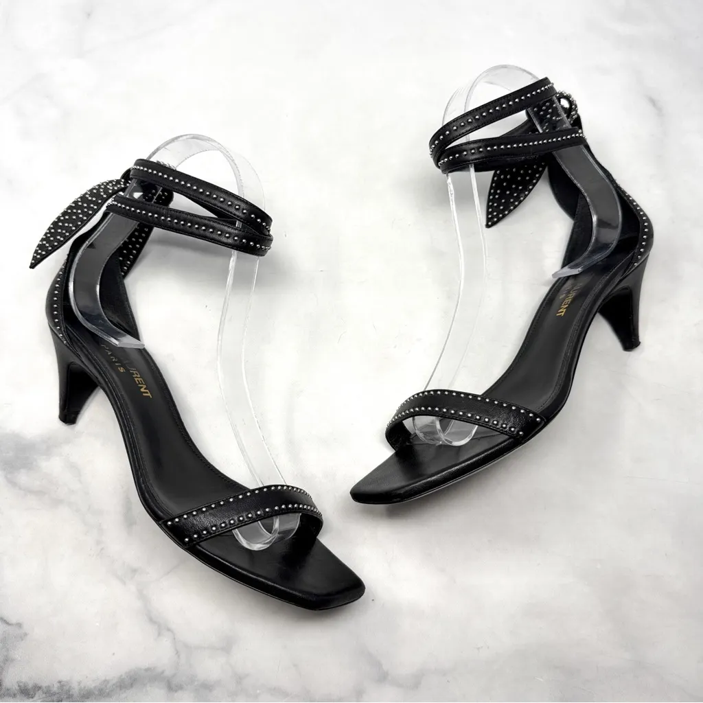 Saint Laurent Charlotte Studded Square Toe Low Kitten Sandal Heels Black 35.5 - Image 3