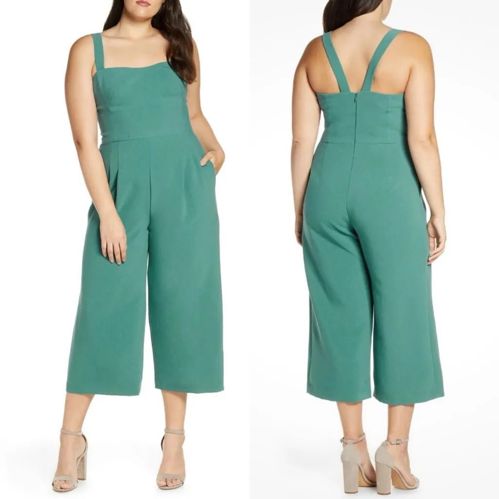Gal Meets Glam Collection Nicole Sweetheart Square Neck Jumpsuit Green Wide Leg - Image 2
