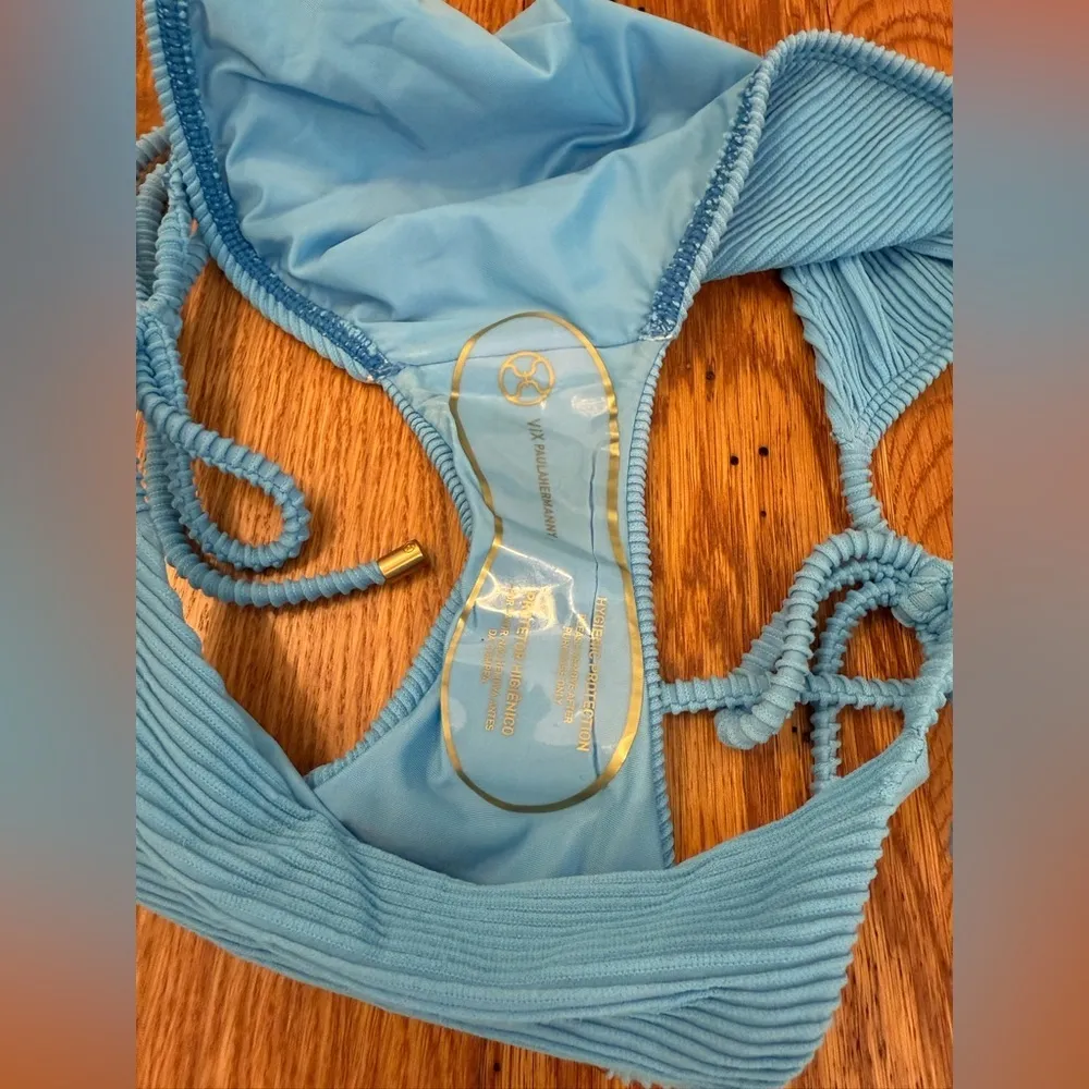 ViX Paula Hermanny Kayla Side Tie Ribbed Blue Bikini Bottoms Size M - Image 10