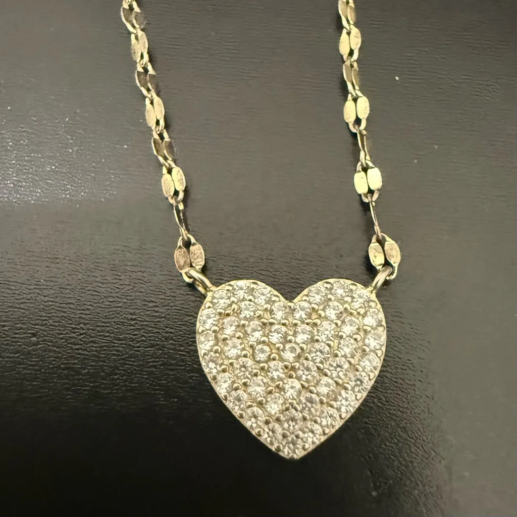 925 Gold Over Silver Vermeil Pave Heart Pendant Twisted Chain Necklace 2.2g. - Image 7