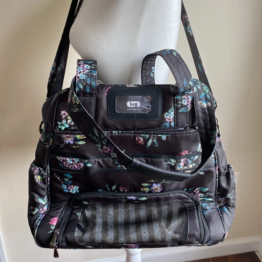 Lug Puddle Jumper Overnight Medium Tote Zipper Handle Bag Black Floral - Image 3