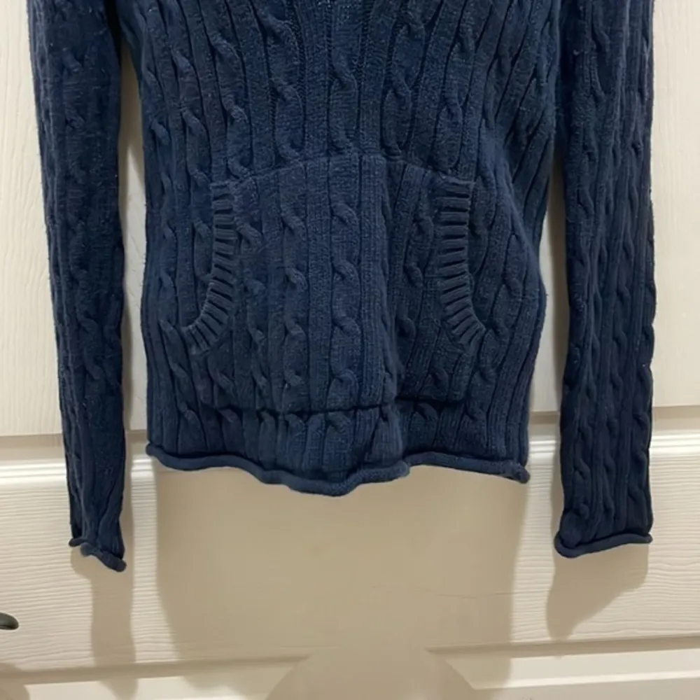 Old Navy Navy Blue Hooded V-Neck Cable Knit Sweater - Image 3