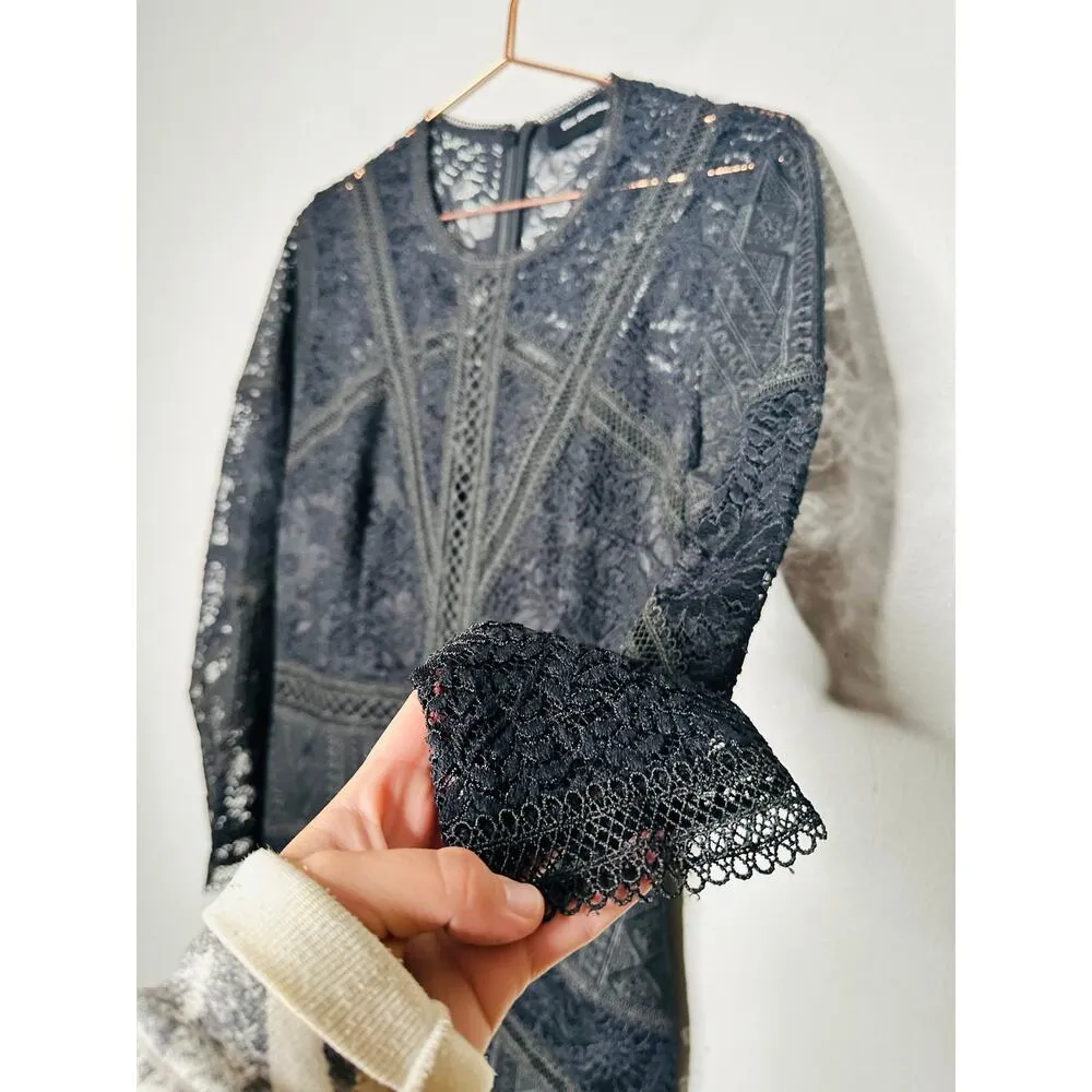 THE KOOPLES Black Lace Lined Lace Design A-Line Midi Dress size 6 - Image 6