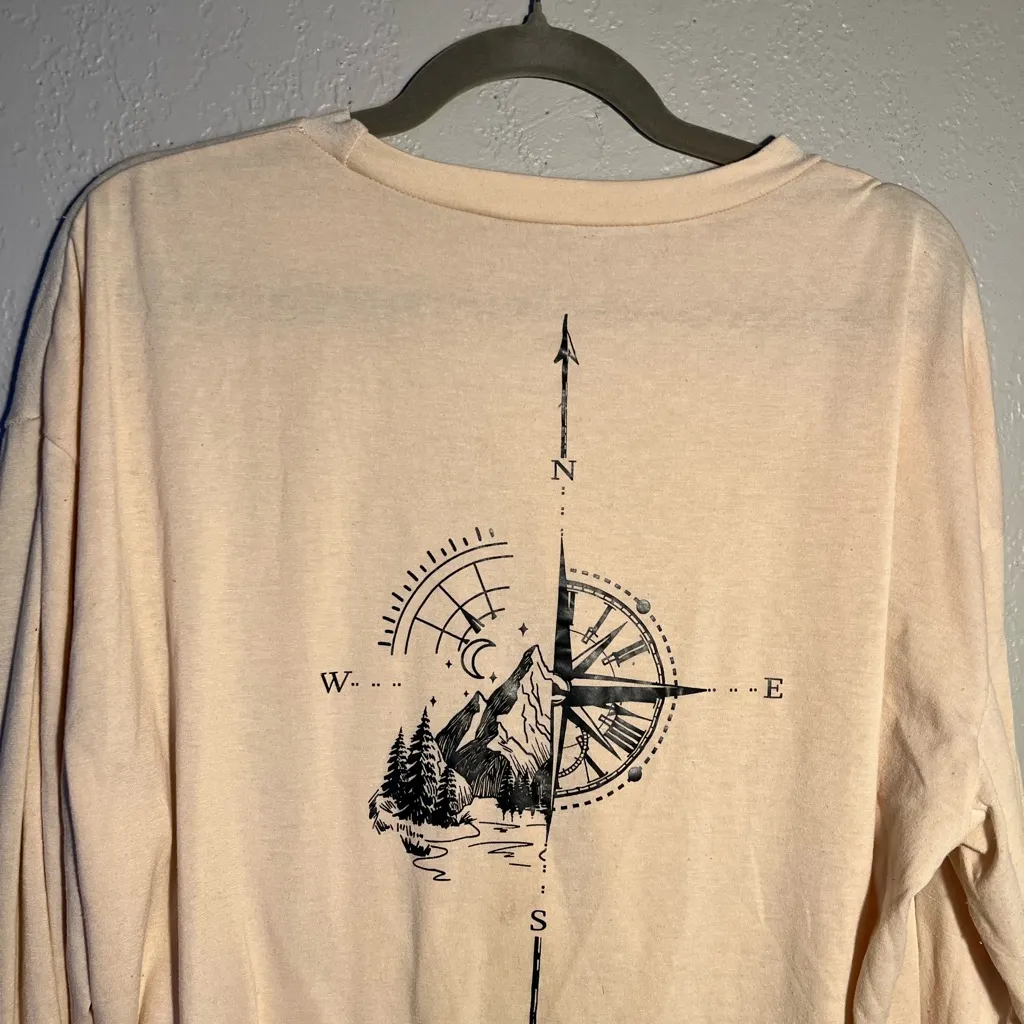 SHEIN Cream Pink Long Sleeve Tee Graphic Compass Design Sweater T Shirt SZ L - Image 5